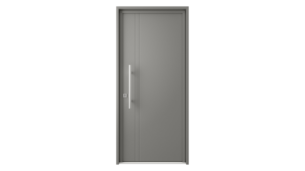 Porte d'entrée aluminium IOS 2 Porte d'entrée grise avec barre de tirage et lignes décoratives en quadrillage